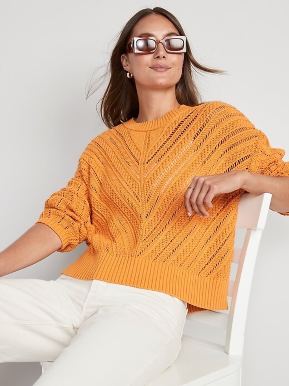 Old Navy Open-Knit Scoop Neck Cotton Sweater in Bright Marigold